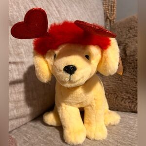 Nwt Fao Schwarz Yellow Plush Dog Toy with Red Heart Accents
